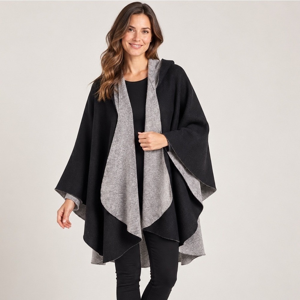 Nardi & Tagliaferri Italy Wool Blend Hooded Cape Poncho Black Gray One Size